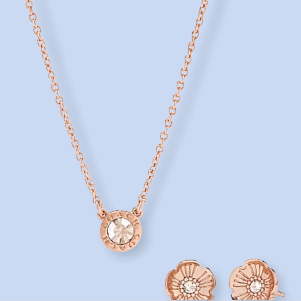 NEW Coach Open Circle Necklace & Tea Rose Stud Earrings  Style C6604 Rose Gold - Picture 2 of 12